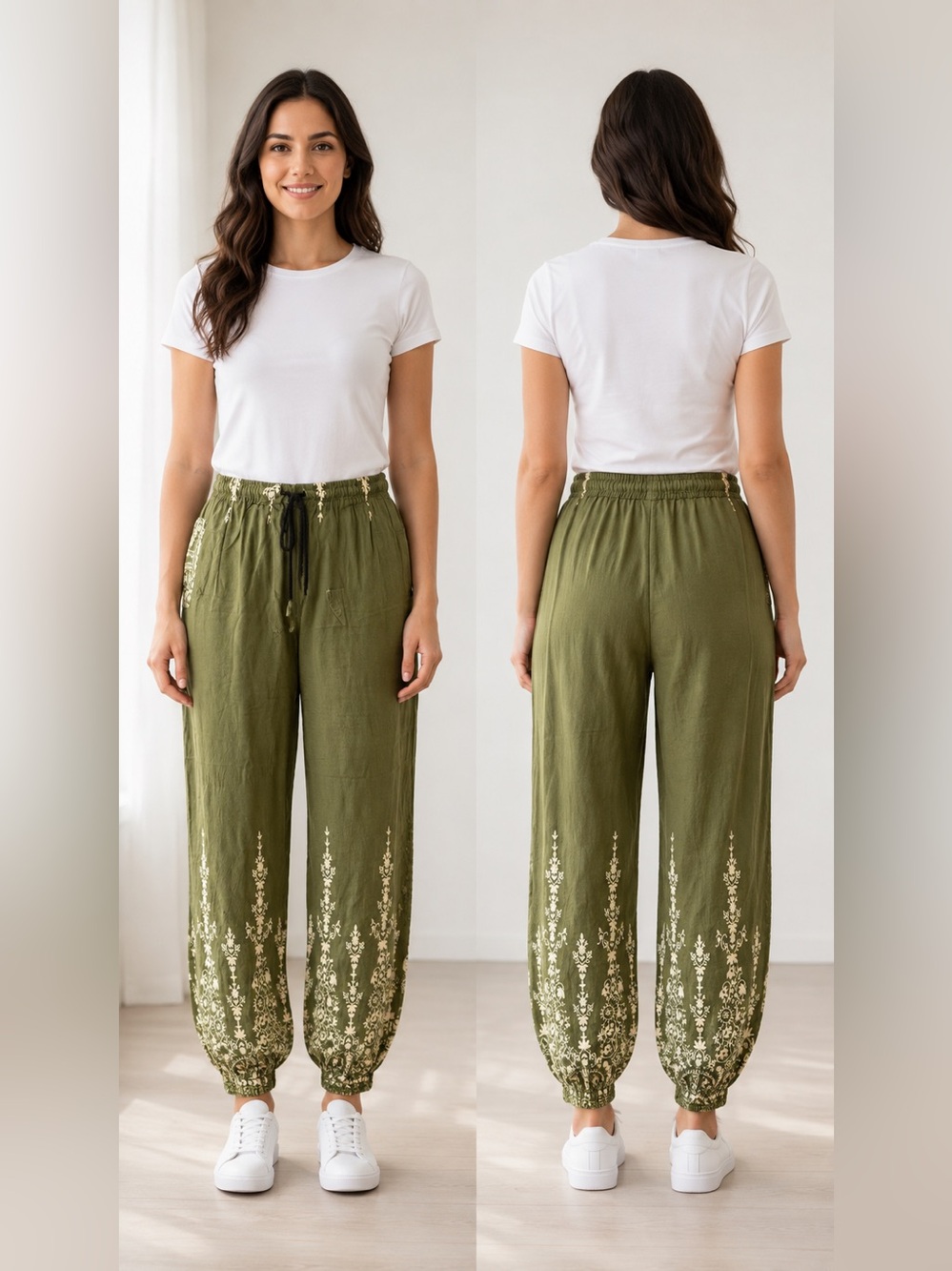 Olive Green Floral Boho Harem Jogger Pants Elastic Waist